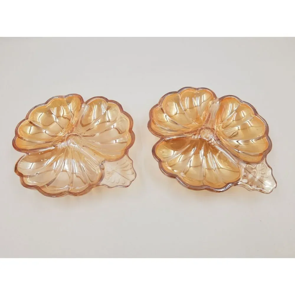 Jeannette Glass Marigold Iridescent Carnival Glass Doric Clover Leaf Candy Dish